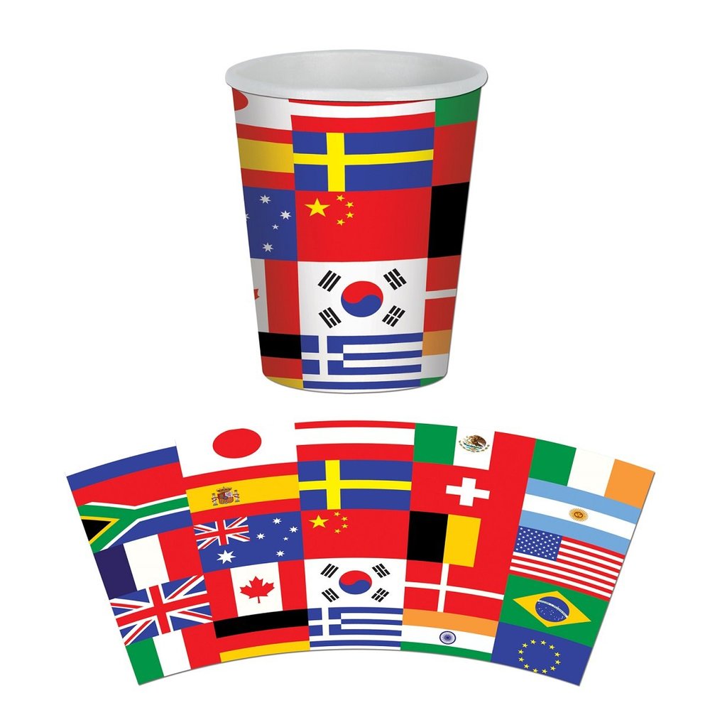 Club Pack of 96 Red and Blue International Flag Disposable Paper Drinking Party Tumbler Cups 9 oz.
