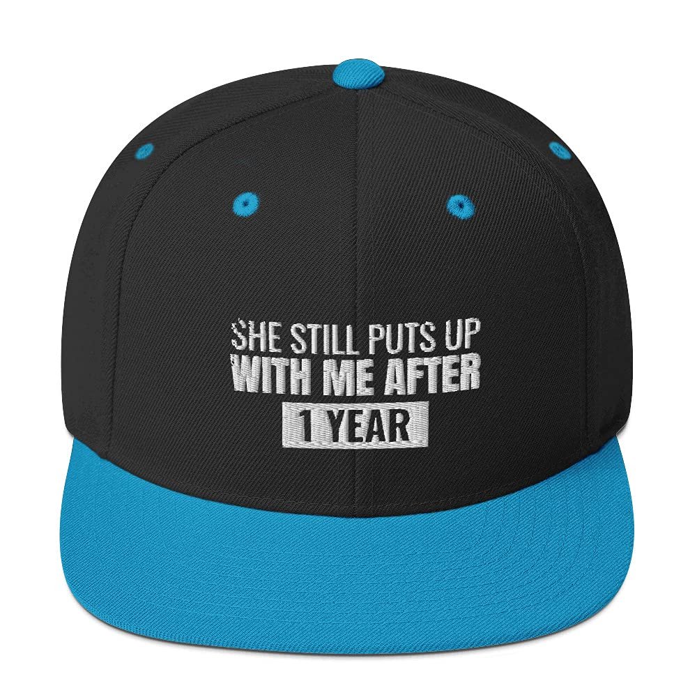 CreativeTees4You 1st Year Wedding Anniversary Husband Gift 3D Puff Flatbrim Flat Brim Snapback Hat Black/Teal