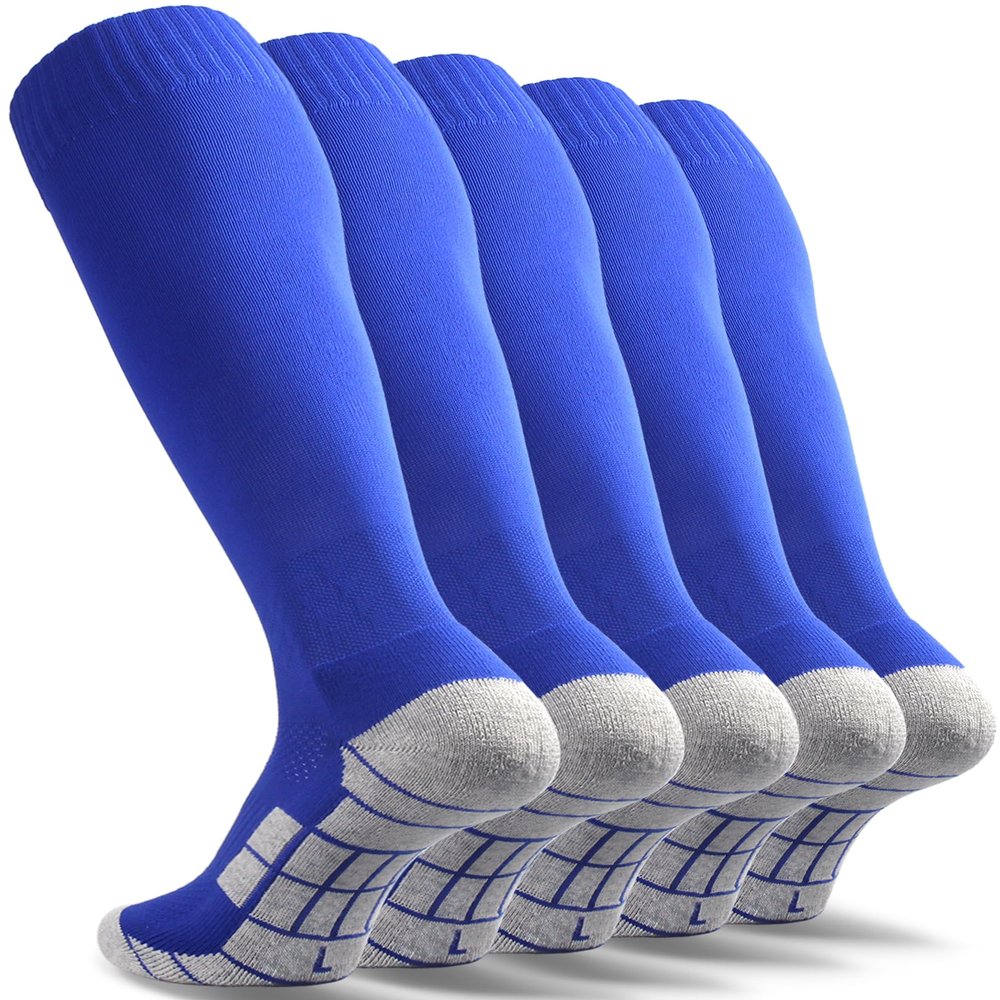 CWVLC Kids Soccer Baseball Socks 5 Pairs, Football Sport, Softball Team Athletic Socks, Knee High Long Tube Cotton Arch Ankle Compression Socks, Blue, X-Small