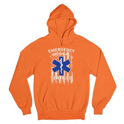 Tee Hunt Emergency Medical Services Sweatshirt American Flag Star of Life EMS Hoodie Orange Small