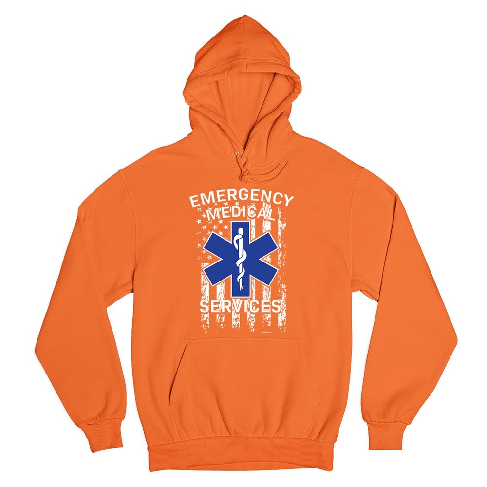Tee Hunt Emergency Medical Services Sweatshirt American Flag Star of Life EMS Hoodie Orange Small