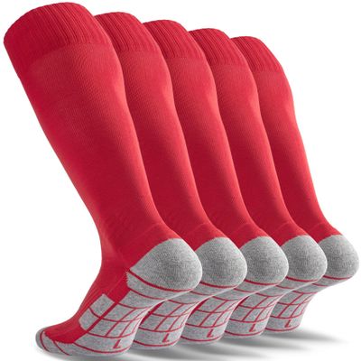 CWVLC Kids Soccer Socks 5 Pairs, Baseball Football Sport, Softball Team Athletic Socks, Knee High Long Tube Cotton Arch Ankle Compression Socks, Red, X-Small