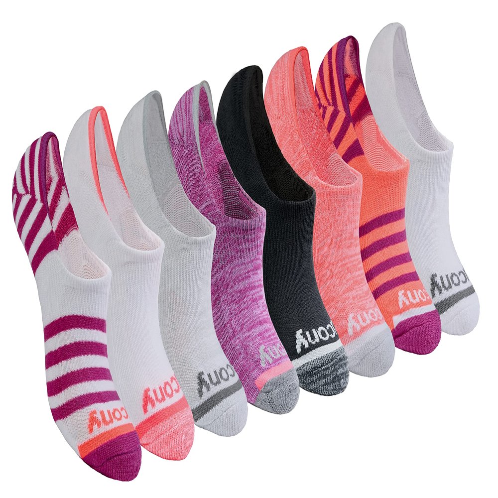 Saucony Women's Performance 8, 16 Pairs No Show Cushioned Invisible Liner Socks, S-L, Berry (8 Pairs), Small