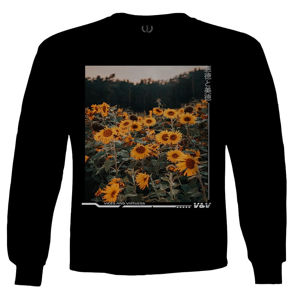 0405. Aesthetic Cute Floral Sunflower Botanical Print Graphic Fashion Men's Long Sleeve t Shirt (Black, 2X Large)