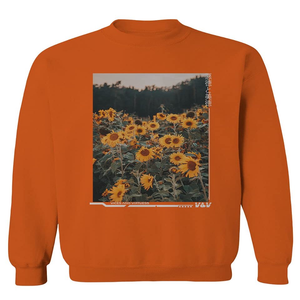 0405. Aesthetic Cute Floral Sunflower Botanical Print Graphic Fashion Men's Crewneck Sweatshirt (Orange 2X Large)