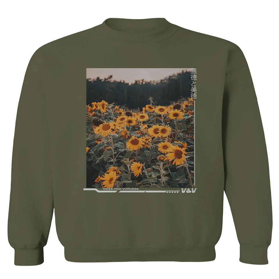 0405. Aesthetic Cute Floral Sunflower Botanical Print Graphic Fashion Men's Crewneck Sweatshirt (Olive, Small)