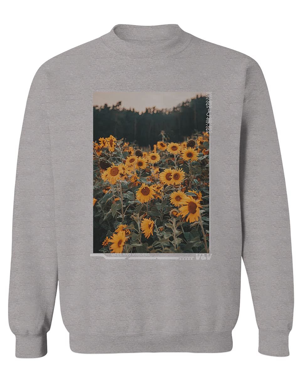 0405. Aesthetic Cute Floral Sunflower Botanical Print Graphic Fashion Men's Crewneck Sweatshirt (Light Gray Large)