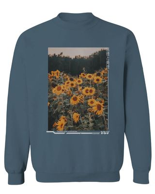 0405. Aesthetic Cute Floral Sunflower Botanical Print Graphic Fashion Men's Crewneck Sweatshirt (Indigo Blue Large)