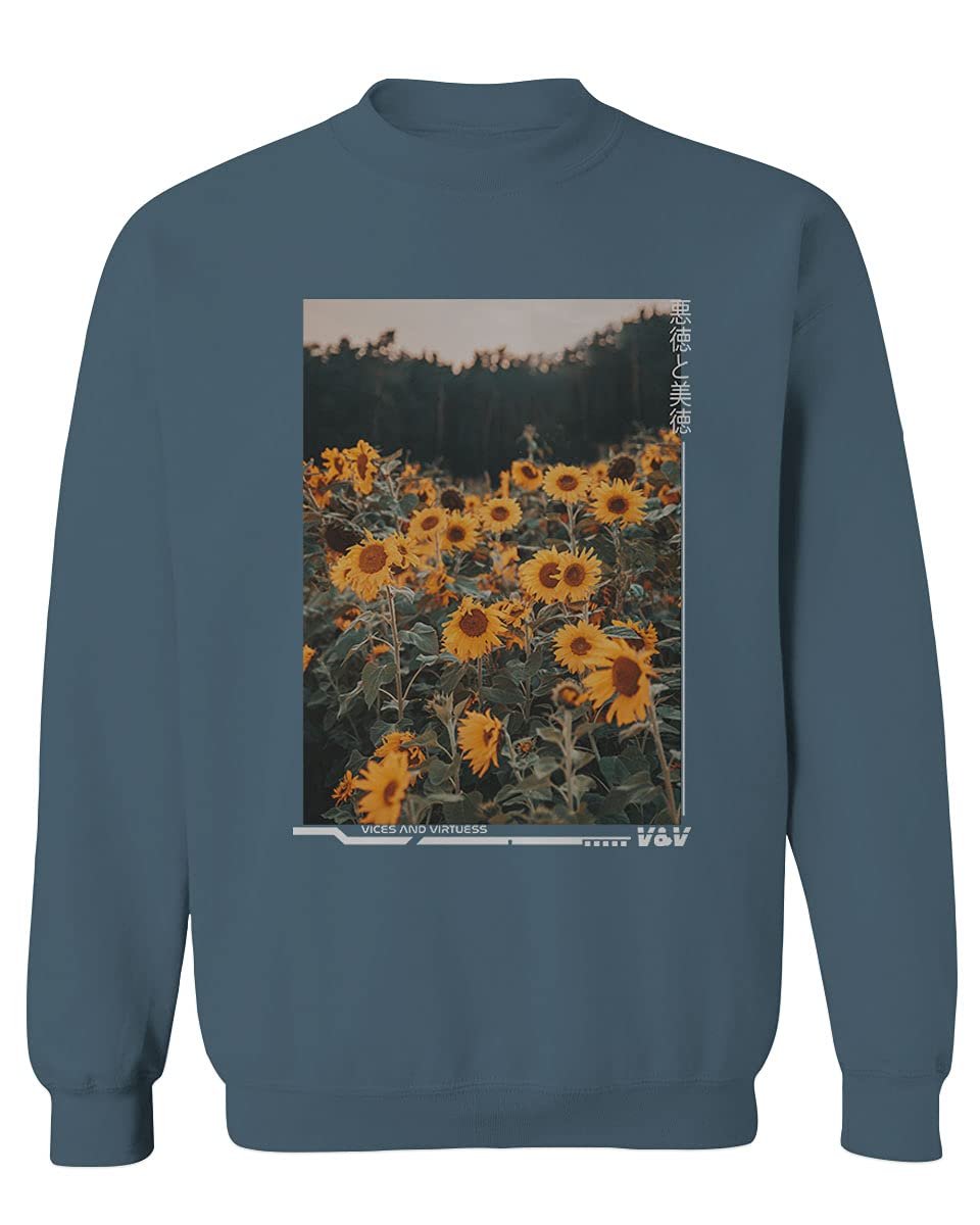 0405. Aesthetic Cute Floral Sunflower Botanical Print Graphic Fashion Men's Crewneck Sweatshirt (Indigo Blue Large)