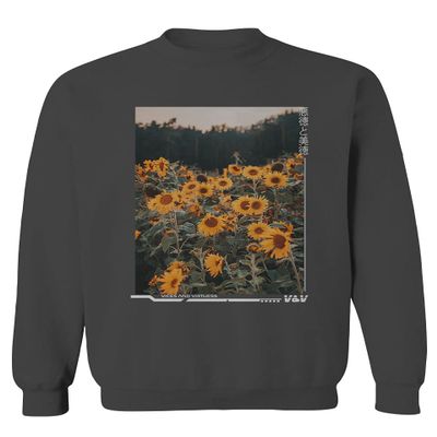 0405. Aesthetic Cute Floral Sunflower Botanical Print Graphic Fashion Men's Crewneck Sweatshirt (Characol Small) Charcoal