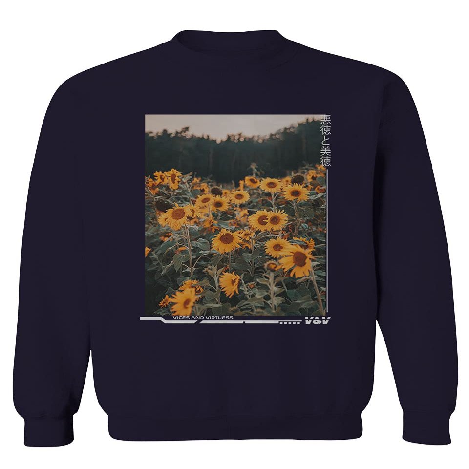 0405. Aesthetic Cute Floral Sunflower Botanical Print Graphic Fashion Men's Crewneck Sweatshirt (Navy Large)