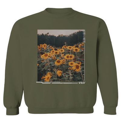0405. Aesthetic Cute Floral Sunflower Botanical Print Graphic Fashion Men's Crewneck Sweatshirt (Olive, Medium)