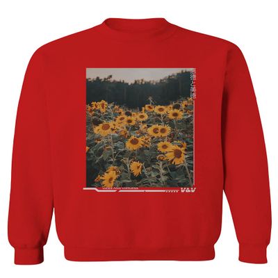 0405. Aesthetic Cute Floral Sunflower Botanical Print Graphic Fashion Men's Crewneck Sweatshirt (Red, Medium)
