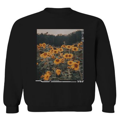0405. Aesthetic Cute Floral Sunflower Botanical Print Graphic Fashion Men's Crewneck Sweatshirt (Black Large)
