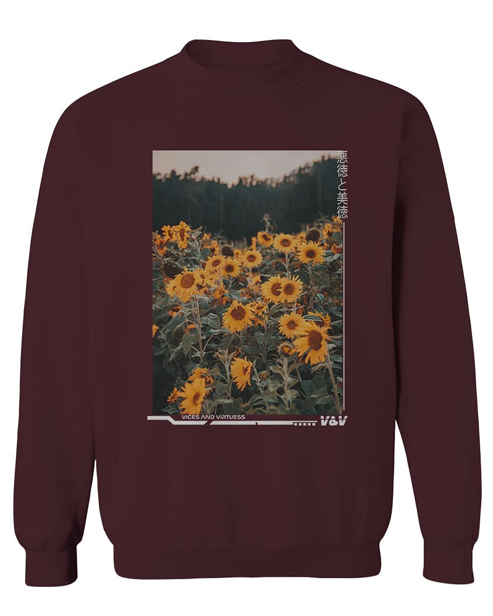 0405. Aesthetic Cute Floral Sunflower Botanical Print Graphic Fashion Men's Crewneck Sweatshirt (Maroon Medium)