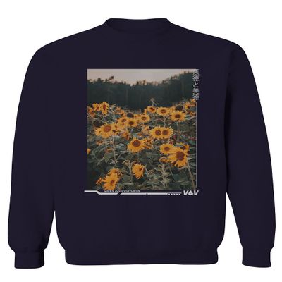 0405. Aesthetic Cute Floral Sunflower Botanical Print Graphic Fashion Men's Crewneck Sweatshirt (Navy X-Large)