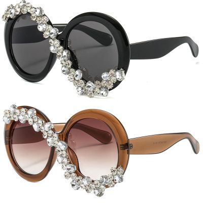 mincl Round Diamond Sunglasses Rhinestone Frame Sparkling Crystal Glasses (2pcs-black&brown)