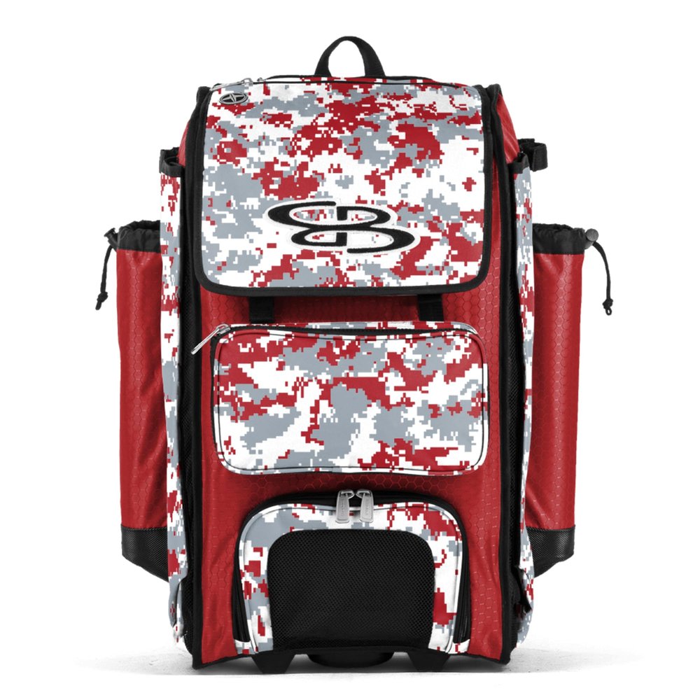 Boombah Catchers Superpack Hybrid Digital Camo Bat Bag Red/Gray - Wheeled & Backpack Version