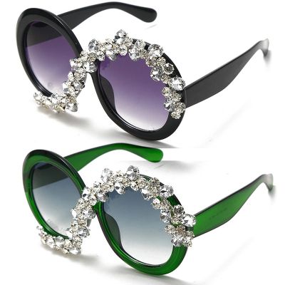 mincl Round Diamond Sunglasses Rhinestone Frame Sparkling Crystal Glasses (2pcs-gray&green)
