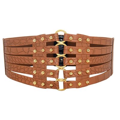 Women's Wide Belt Retro Vintage PU Leather Rivets Studded Belt Waistband Elastic Cincher Corset (Brown)