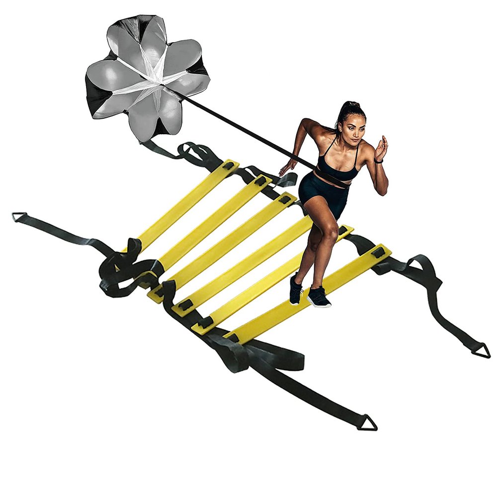 Resistance Parachute Agility Ladder Speed Training Set, 20 Feet Adjustable, 12 Lang Exercise Ladder/Running Parachute/4 Hooks and 10 Disc Cones for Personal Training
