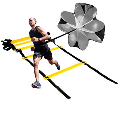 Resistance Parachute Fitness Training Set, with Sprint Parachutes/Adjustable Agility Ladder /12 Logo Disc/4 Metal Hooks/1 Carry Bag, for Outdoor Workout