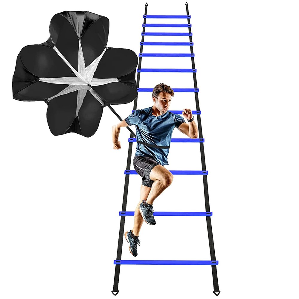 Resistance Parachute Sports Fitness Training Set, Include Adjustable Agility Ladder - Resistance Parachute -12 Cones and 4 Hooks, for Kids Teenager Adult