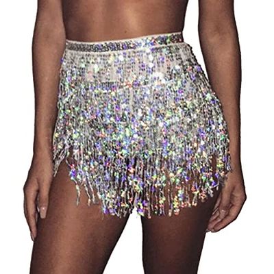 Bufenia Women's Belly Dance Hip Skirt Tassel Sequins Hip Scarf Strappy Wrap Rave Skirts Halloween Costume Club Festival (Silver)