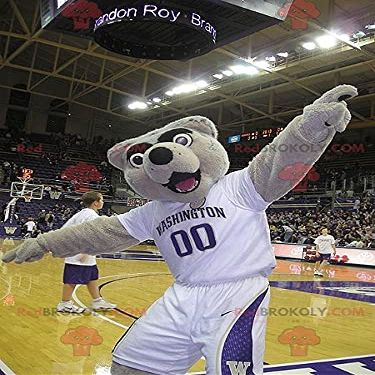 SPOTSOUND Gray and black bear REDBROKOLY Mascot in sportswear