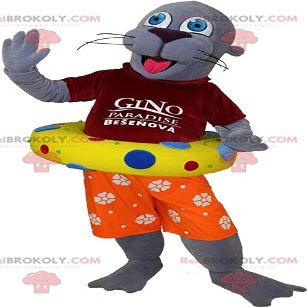 SPOTSOUND Gray otter sea lion REDBROKOLY Mascot dressed as a vacationer