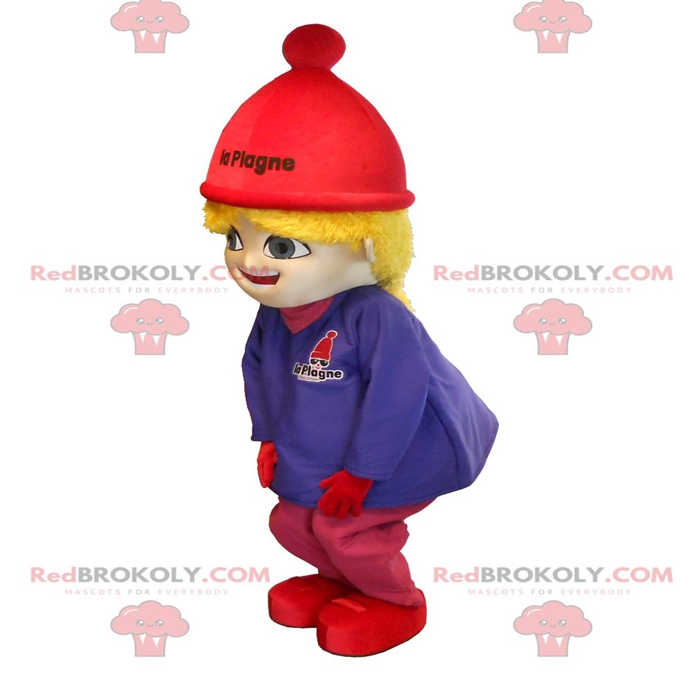 SPOTSOUND REDBROKOLY Mascot La Plagne. Blonde girl REDBROKOLY Mascot in ski outfit