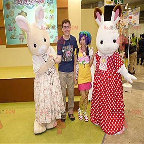 2 REDBROKOLY Mascots of white and beige rabbits in dress