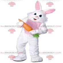 SPOTSOUND Cheerful white rabbit REDBROKOLY Mascot carrying a big carrot