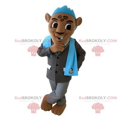 SPOTSOUND Brown tiger REDBROKOLY Mascot with a suit and a blue crest