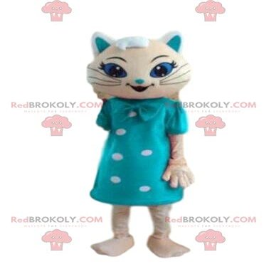 SPOTSOUND White cat REDBROKOLY Mascot with a blue dress, festive costume