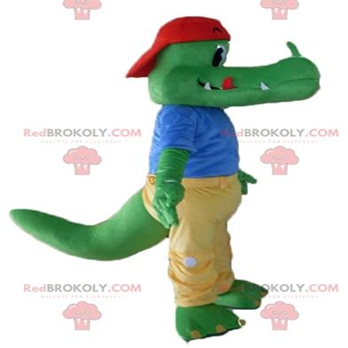 SPOTSOUND Green crocodile REDBROKOLY Mascot dressed in yellow and blue