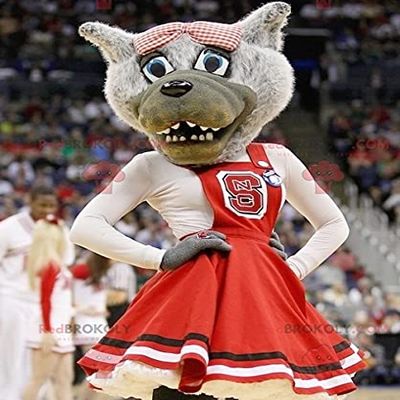 SPOTSOUND Gray wolf REDBROKOLY Mascot with a red dress