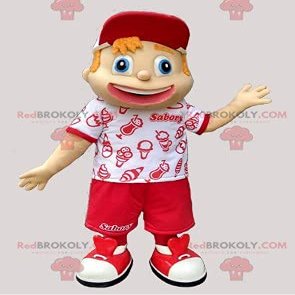 SPOTSOUND REDBROKOLY Mascot young boy in red and white vacationer outfit