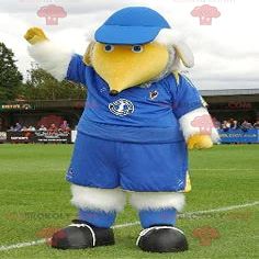 SPOTSOUND REDBROKOLY Mascot large white and yellow bird in blue outfit