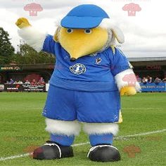 SPOTSOUND REDBROKOLY Mascot large white and yellow bird in blue outfit