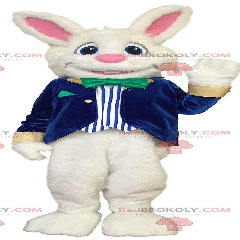 SPOTSOUND Cheerful white rabbit REDBROKOLY Mascot in blue and white costume