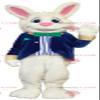 SPOTSOUND Cheerful white rabbit REDBROKOLY Mascot in blue and white costume view 1