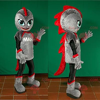 SPOTSOUND Futuristic gray and red dinosaur robot REDBROKOLY Mascot