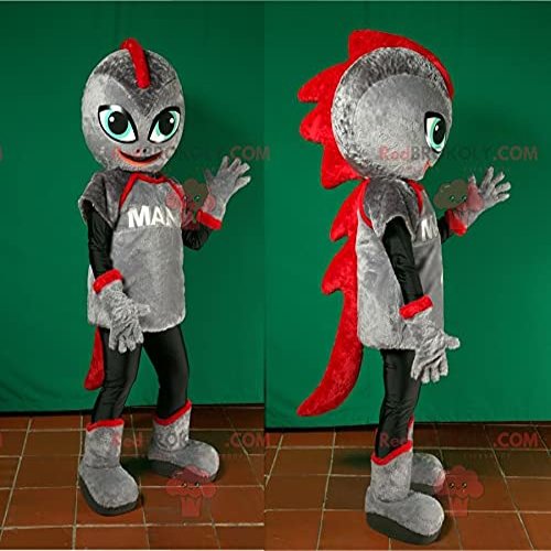 SPOTSOUND Futuristic gray and red dinosaur robot REDBROKOLY Mascot