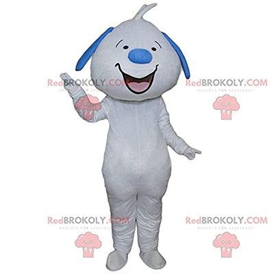 SPOTSOUND White and blue dog REDBROKOLY Mascot smiling, stuffed giant dog