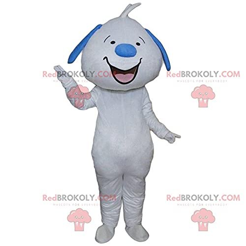 SPOTSOUND White and blue dog REDBROKOLY Mascot smiling, stuffed giant dog