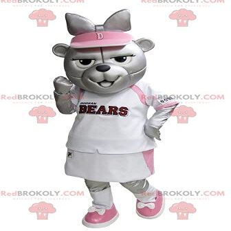 SPOTSOUND Gray bear REDBROKOLY Mascot in pink and white tennis outfit