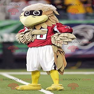 SPOTSOUND Brown and beige bird REDBROKOLY Mascot in red outfit