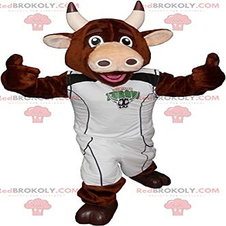 SPOTSOUND Brown cow REDBROKOLY Mascot with a sporty outfit