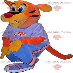SPOTSOUND Orange and yellow tiger REDBROKOLY Mascot with a blue outfit